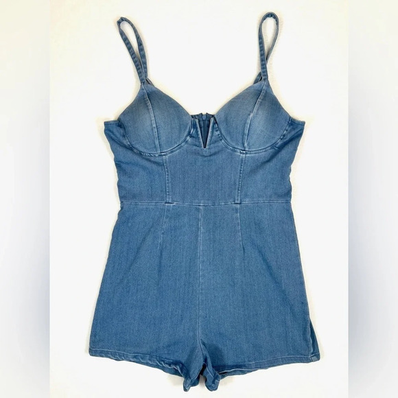 HAUTE MONDE Denim Chambray Women's Adjustable‎ Strap Bustier Romper Fall Size L - Picture 1 of 15